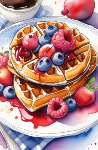 Waffles de frutas con acuarela.