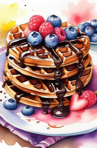 Waffles de frutas en acuarela