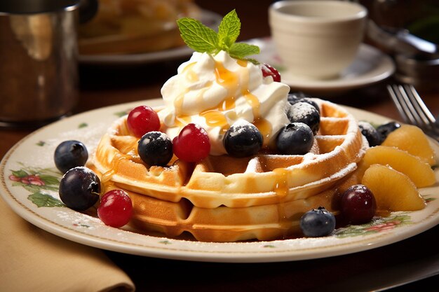 Waffles con frutas y crema batida desayuno comida gráfica