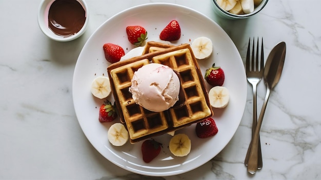 Waffles con helado, plátano, chocolate de fresa en el plato blanco en la superficie de mármol