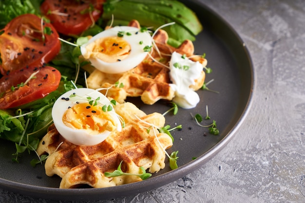 Waffles, hierbas, tomates, ensalada, huevos y especias servidos en un plato