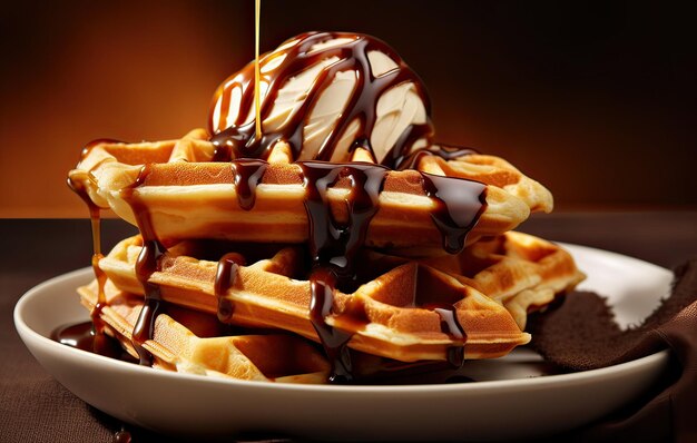 Foto waffles con jarabe de chocolate