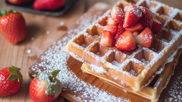 Waffles recién horneados con fresas y azúcar en polvo en una tabla de cortar de madera