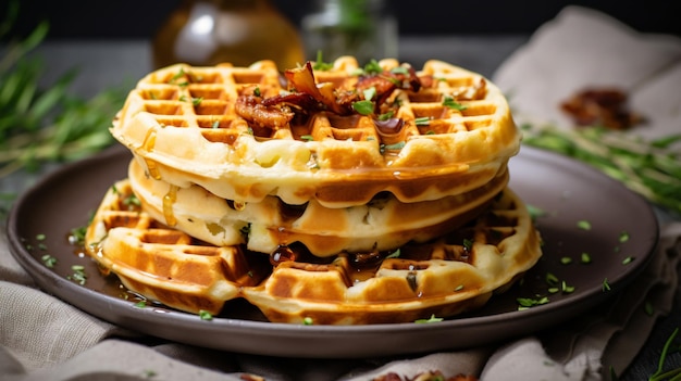 Waffles salgados caseiros no café da manhã