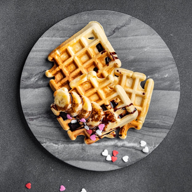 Waffles sobremesa comida de rua belga ou americana refeição doce comida lanche na mesa cópia espaço comida