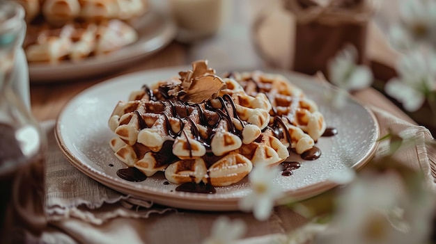 Waffles sobremesa decorada com chocolate no prato