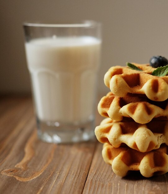 Waffles y vaso con leche Desayuno matutino sobre fondo de madera