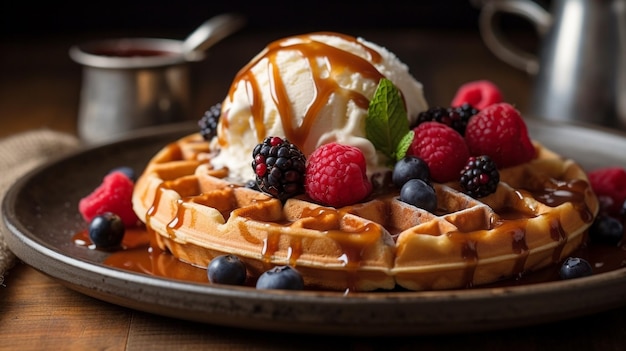 Waffles vienenses clássicos com sorvete de frutas vermelhas e xarope de bordo Café da manhã no café Ta Generative AI