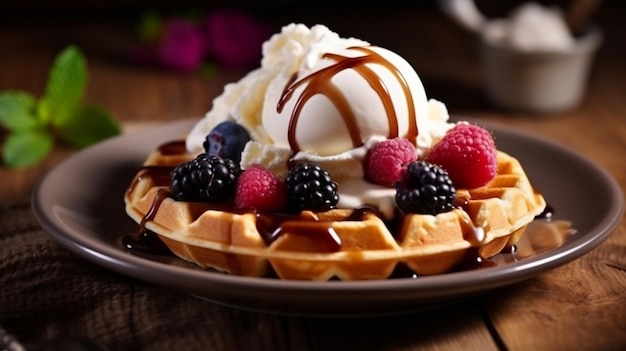 Waffles vienenses clássicos com sorvete de frutas vermelhas e xarope de bordo Café da manhã no café Ta Generative AI