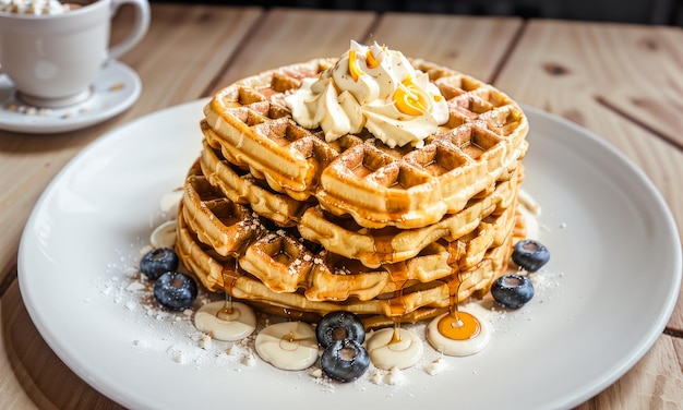 Waffles vienenses com bagas em mesa de madeira pequeno-almoço Waffles com frutas e xarope de bordo em awooden Counter Generative AI