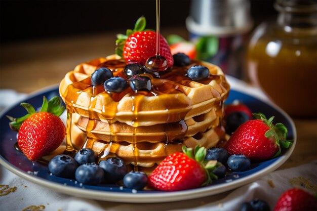 Waffles vienenses de café da manhã com morangos, cerejas e mel