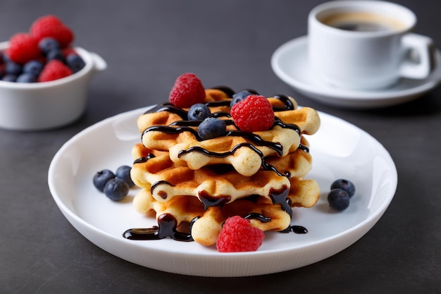 Waffles vienenses ou belgas com frutas frescas (framboesas e mirtilos) em um prato branco e uma xícara de café. Sobremesa tradicional. Close-up, fundo cinza.