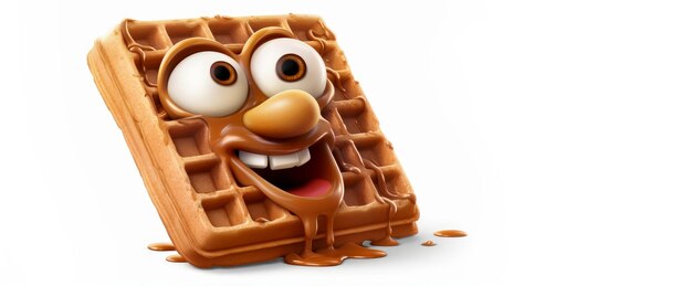 Waffles vieneses con una cara alegre en 3D sobre un fondo blanco