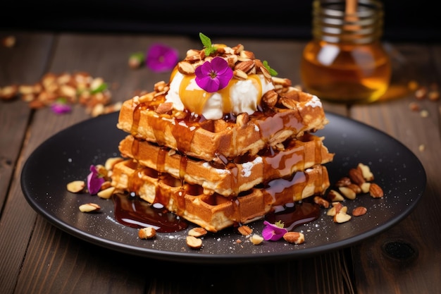 Waffles vieneses con caramelo y nueces con helado