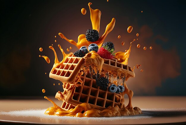 Waffles vieneses con frutas y bayas sobre fondo oscuro