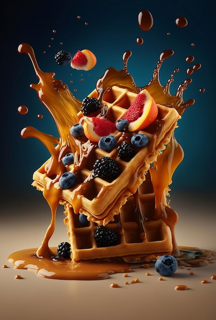 Waffles vieneses con frutas y bayas sobre fondo oscuro