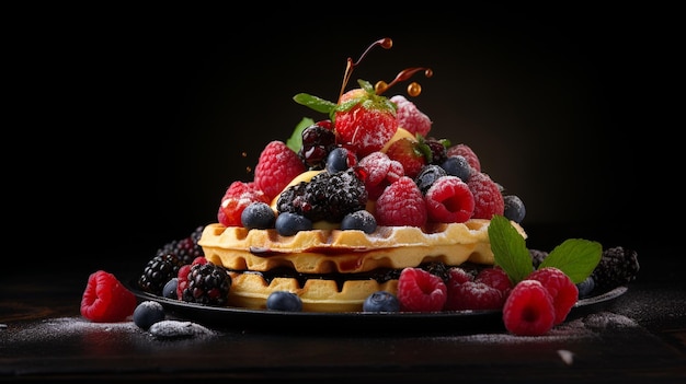 Waffles vieneses con frutas y bayas sobre un fondo oscuro