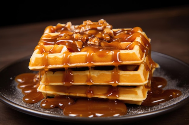 Waffles vieneses con jarabe de caramelo y nueces en un plato