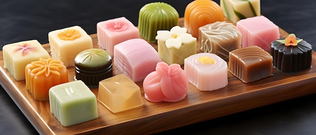 Wagashi-Sortiment in verschiedenen japanischen Formen und Farben