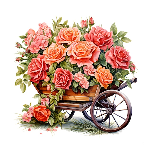 Wagen mit Rosen Aquarell Garten Blumen isoliert