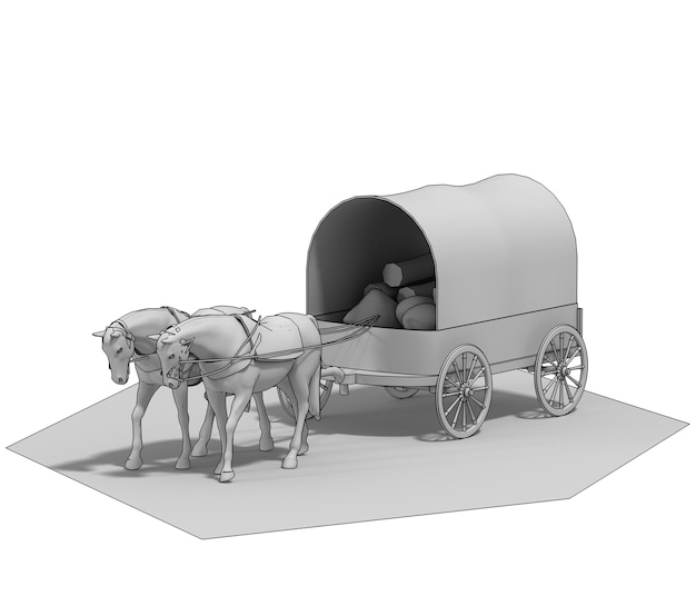 Wagenkolonisten Pferdewagen 3D-Rendering 3D-Darstellung