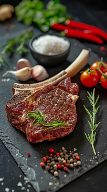 Wagyu-Tomahawk-Steak mit Knoblauch, Pfeffer, Salz und Pfeffer auf einem Schiefer-Hintergrund