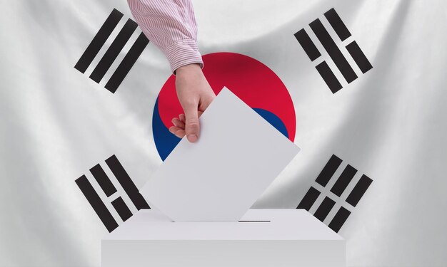 Foto wahlen in südkorea stimmenkonzept eine hand wirft einen stimmzettel in die stimmurne flagge südkoreas