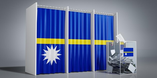 Wahlkabinen von Nauru mit Landesflagge und 3D-Illustration der Wahlurne