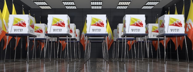 Wahllokal in Bhutan mit vielen Wahlkabinen, Wahlkonzept 3D-Illustration