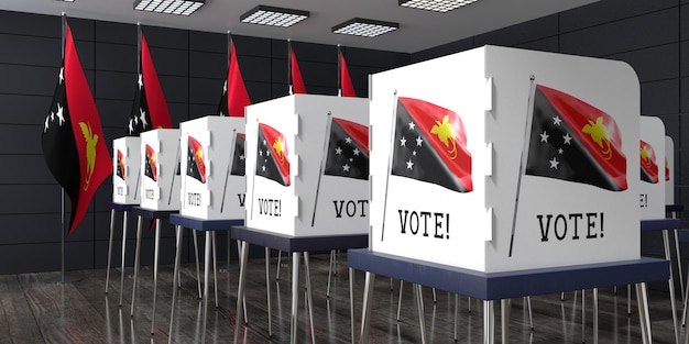 Wahllokal in Papua-Neuguinea mit vielen Wahlkabinen, Wahlkonzept 3D-Illustration