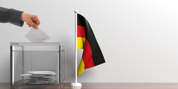 Wahlurne und eine kleine Deutschland-Flagge 3D-Darstellung