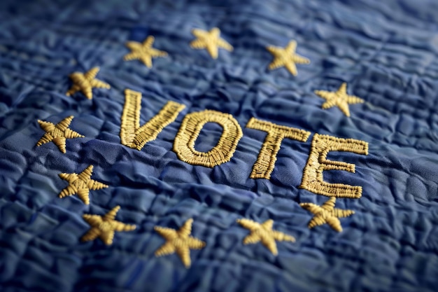 Foto wahlwort, das in eine flagge der europäischen union genäht wurde europaparlementswahlen
