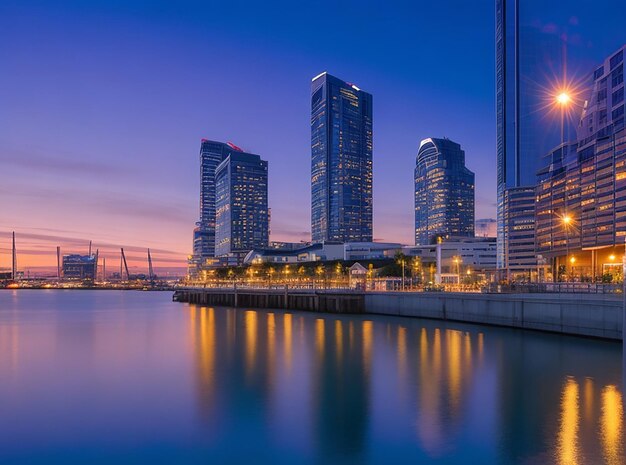 Wahrzeichen der städtischen Bucht am Wasser in der Abenddämmerung, Blick auf die Stadt bei Nacht