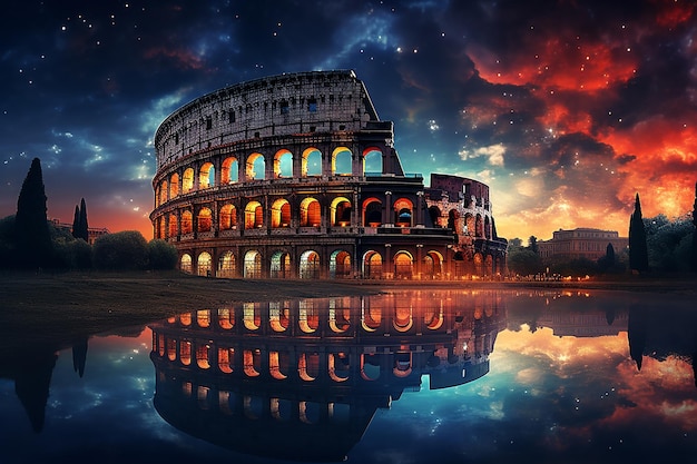 Wahrzeichen des Kolosseums Rom in Italien in der Nacht mit dem Galaxie-Stern-Nebel am Himmel