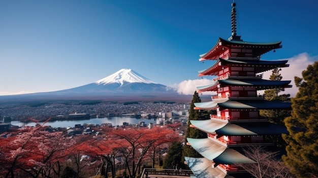 Wahrzeichen Japans: Rote Pagode Chureito und Mt. Fuji in Fujiyoshida, Japan