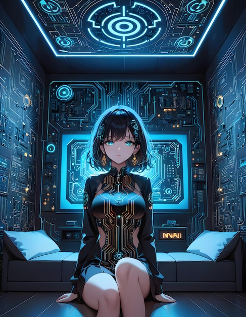 Waifu chica de anime en una sala de estar moderna e inspirada en la tecnología