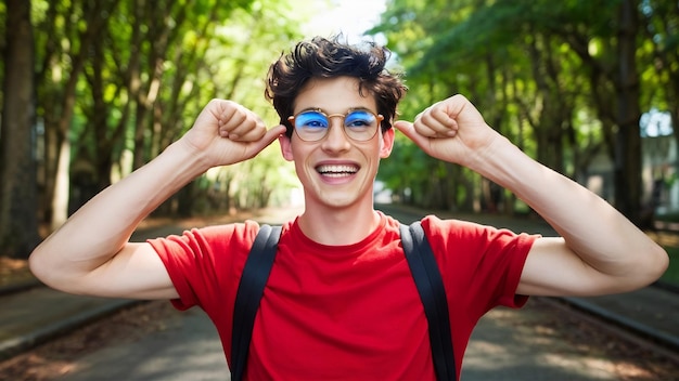 Waistup-Aufnahme eines glücklichen, sorglosen europäischen männlichen Studenten in trendigen runden Brillen und rotem T-Shirt