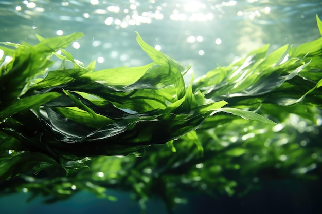 Wakame balanceándose bajo el agua de cerca