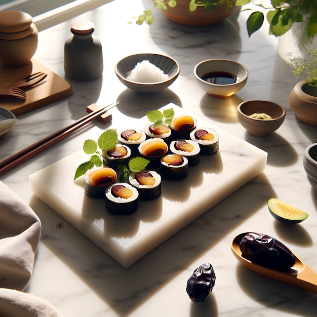 Foto wakayama umeboshi gunkanmaki sushi en el mostrador de mármol