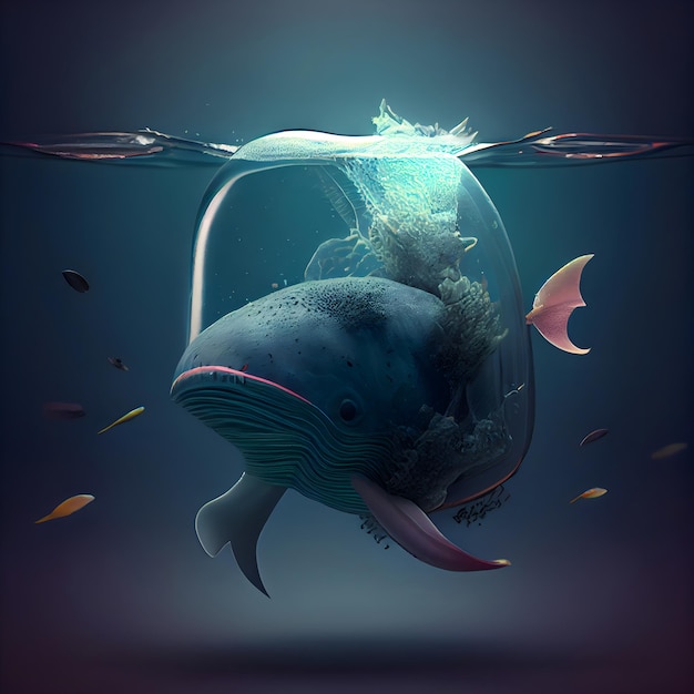 Wal unter Wasser in einem Glasaquarium 3D-Rendering und Illustration