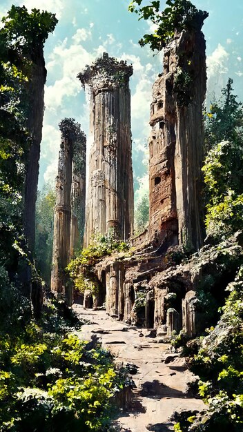Wald alte Ruine der griechischen Stadt oder des römischen Reiches historische 3D-Illustration