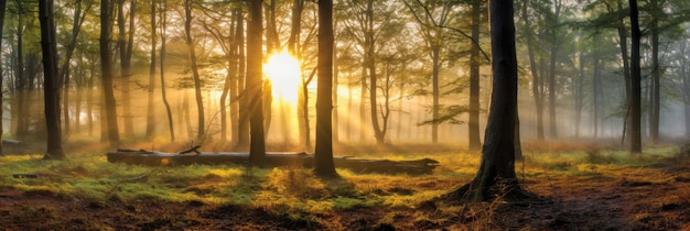 Wald am Morgen in einem Nebel in der Sonne Bäume in einem Dunst des Lichts glühender Nebel zwischen den Bäumen