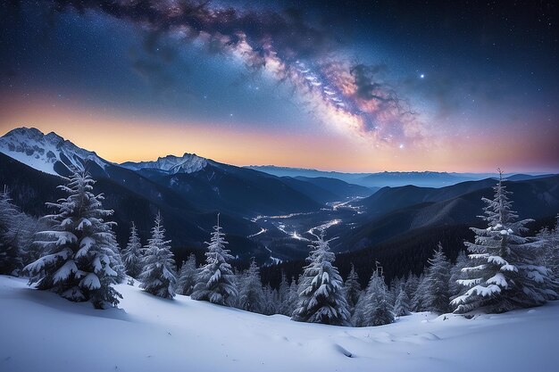 Wald auf einem mit Schnee bedeckten Bergrücken Milchstraße an einem sternenreichen Himmel Weihnachts-Winternacht