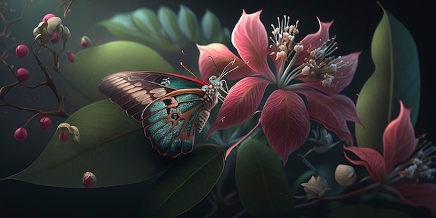 Wald, Blätter, Blumen und Schmetterlinge auf dunklem Hintergrund, kreative ai