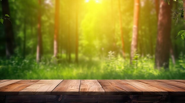 Wald Holztisch Hintergrund Sonnige Sommerwiese mit grünem Gras Waldbäume Hintergrund und rustikale Holzoberfläche für Waren Produkte Lebensmittel