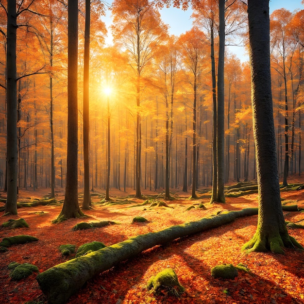 Wald im Herbst mit Sonnenuntergang