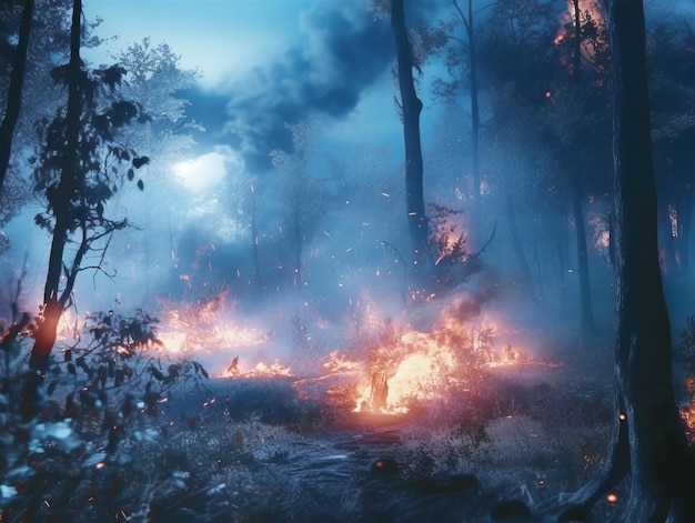 Wald im Hintergrund von Feuer und Rauch am Abend Generative KI