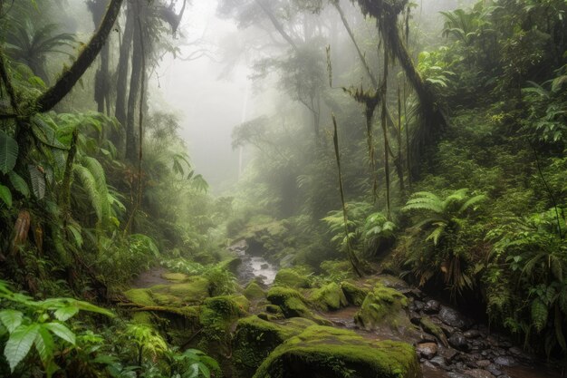 Wald im Nebelwald, umgeben von Nebel und Wasserfällen, die mit generativer KI geschaffen wurden