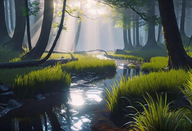 Wald in dickem, dichten Nebel mit der Reflexion der Sonnenstrahlen, die durch das Laub dringen