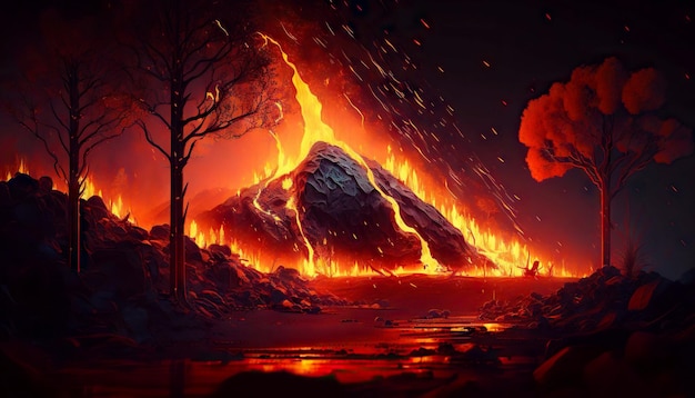 Wald in Flammen durch Magma aus Vulkanausbruch Rauch steigt am Nachthimmel auf generative KI